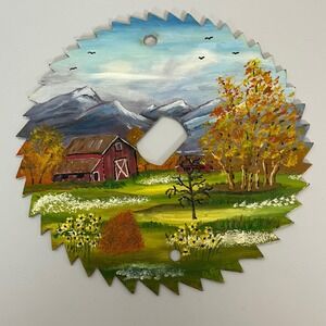 Hand Painted Saw Blade Art‎ Fall Autumn Barn Scene Landscape Wall Decor 5"